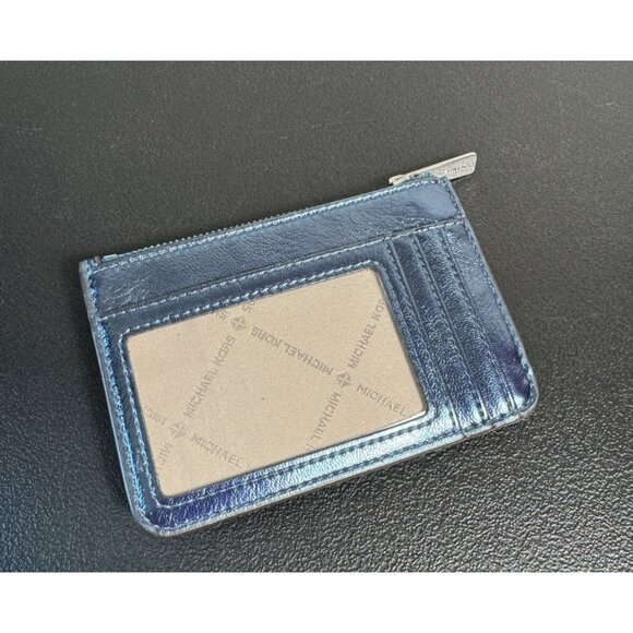Michael Kors Jet Set Blue Metallic Leather Card Holder Zipper Pouch Key Ring - Picture 2 of 6